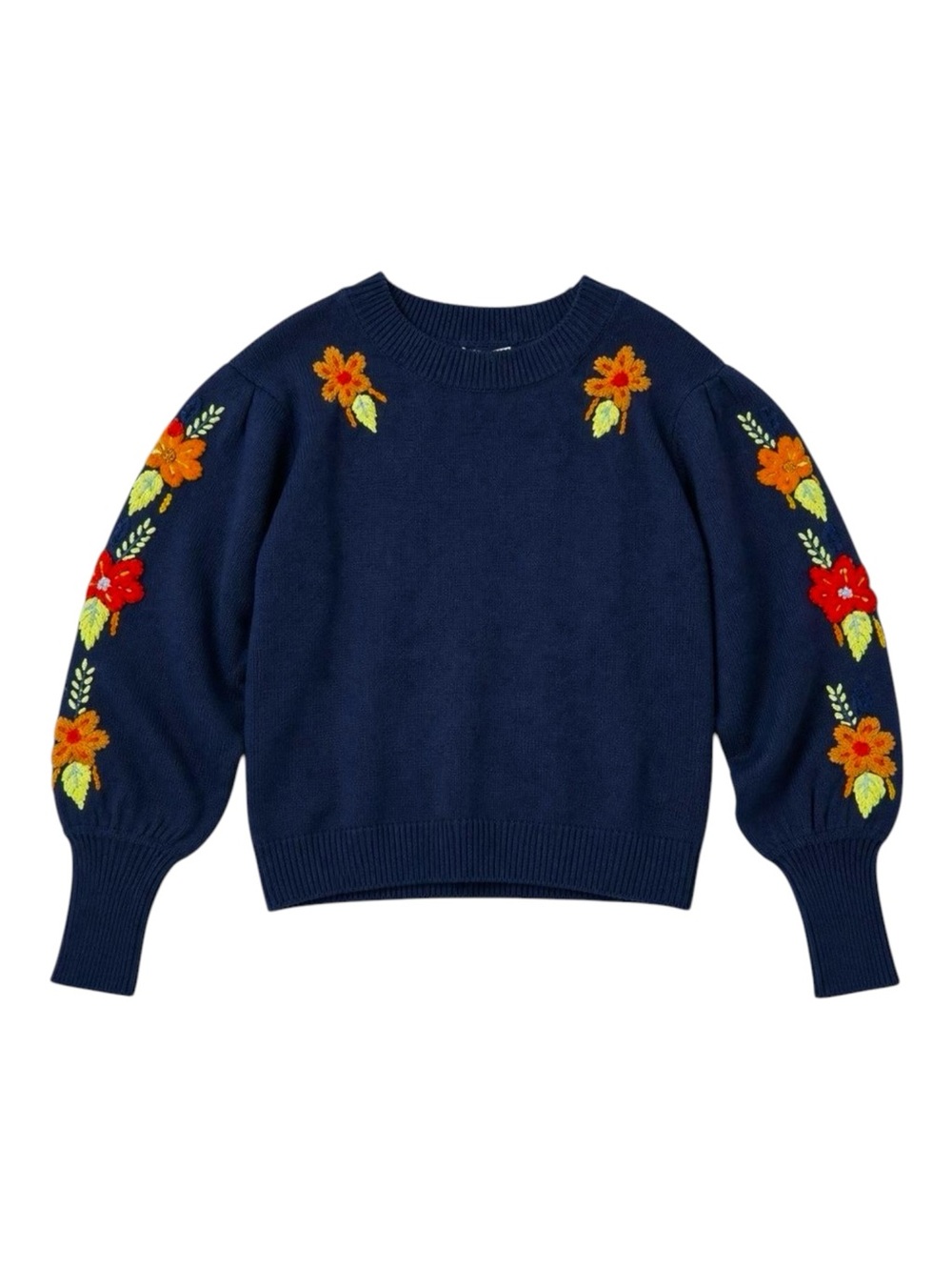 Something Navy Floral Embroidered Crewneck Sweater Merino Wool NWT
